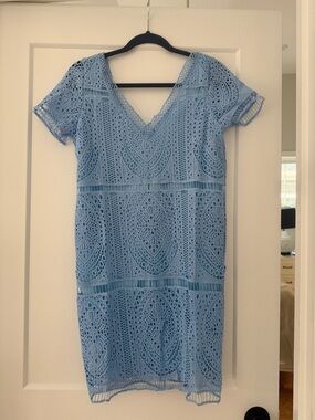 Source Unknown Sky Blue Crochet V-Neck Mini Dress